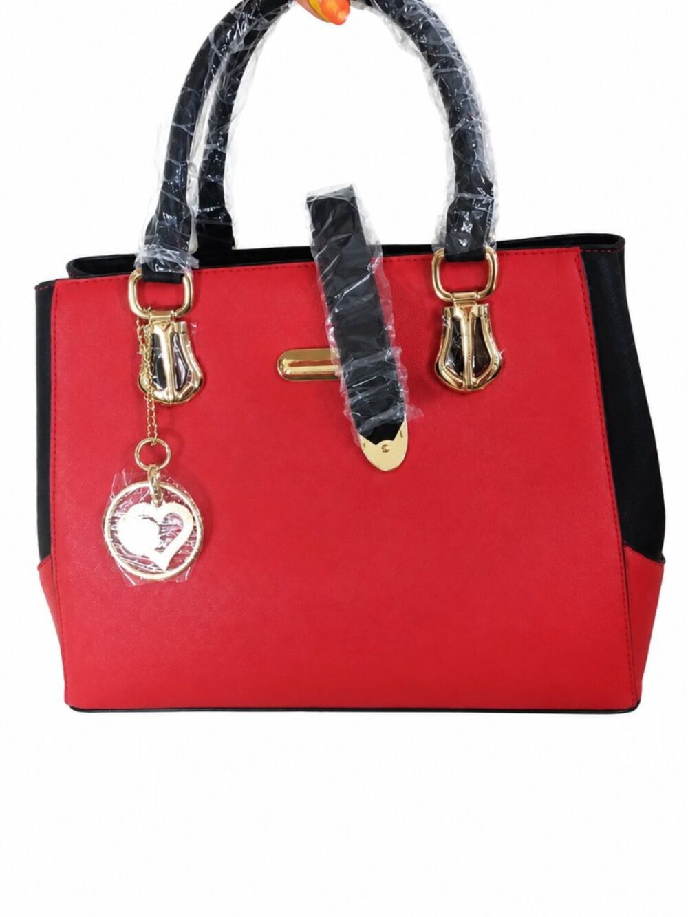 Red & Black Structured Satchel Handbag Gold Hardware Heart Charm